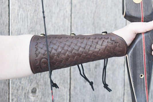 Leather Arm Guard, Archery Arm Guard, for long bows with wrist extension and basketweave tooling