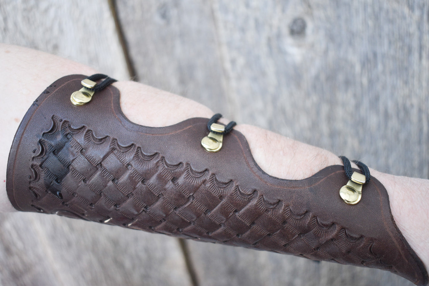 Leather Arm Guard, Archery Arm Guard, for long bows with wrist extension and basketweave tooling