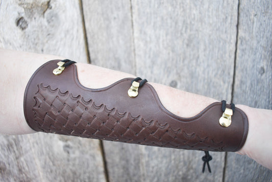 Leather Arm Guard, Archery Arm Guard, for traditional archery is extra long with basketweave tooling