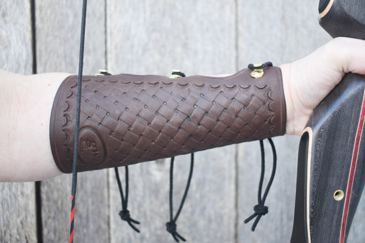Leather Arm Guard, Archery Arm Guard, for traditional archery is regular length with basketweave tooling