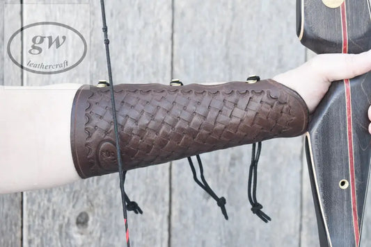 Leather Arm Guard Archery For Long Bows With Wrist Extension And Basketweave Tooling