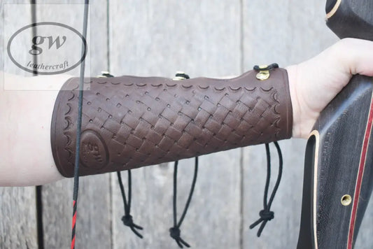 Leather Arm Guard Archery For Traditional Archery Is Regular Length With Basketweave Tooling