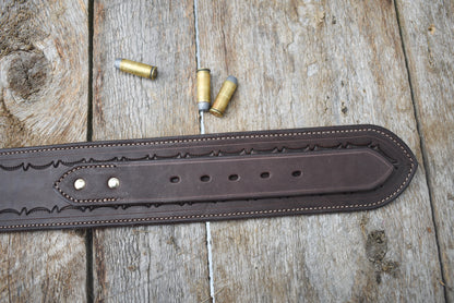 The Rogers Hill Ransacker Leather Cartridge Belt, Western Cartridge Belt with double Fast Draw holsters, lined and tooled
