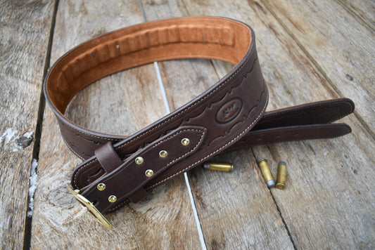 The Rogers Hill Ransacker Leather Cartridge Belt, Western Cartridge Belt, lined and tooled