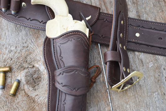 The Rogers Hill Ransacker Leather Cartridge Belt, Western Cartridge Belt with double Fast Draw holsters, lined and tooled